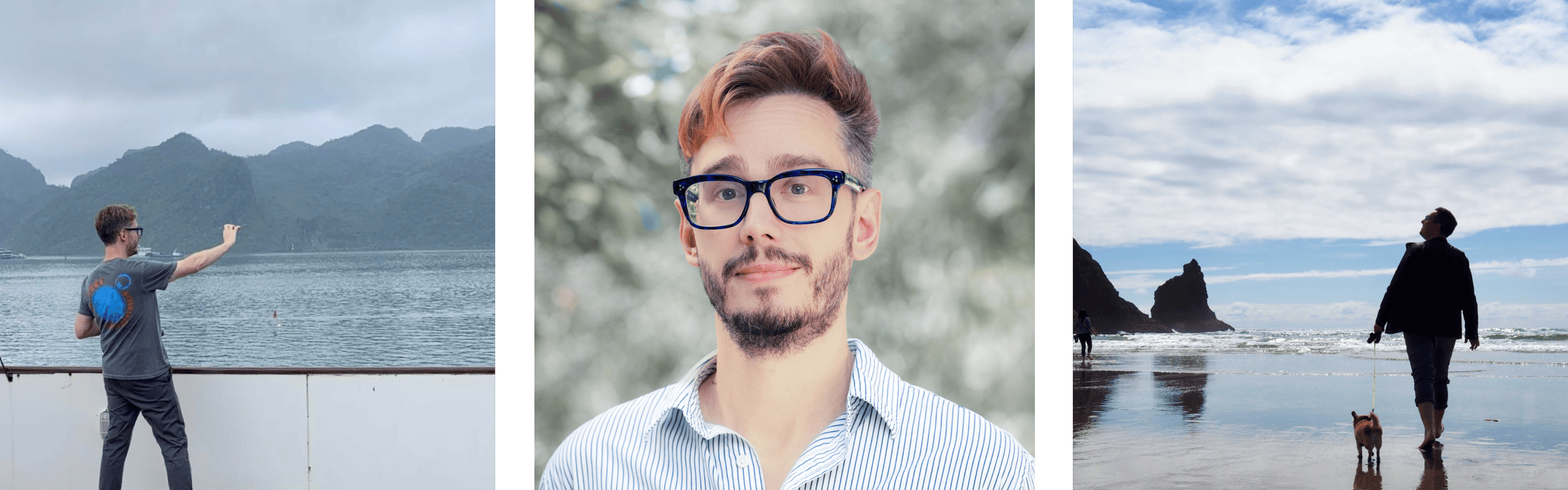 Collage of Josh Wright mentoring design teams and presenting case studies