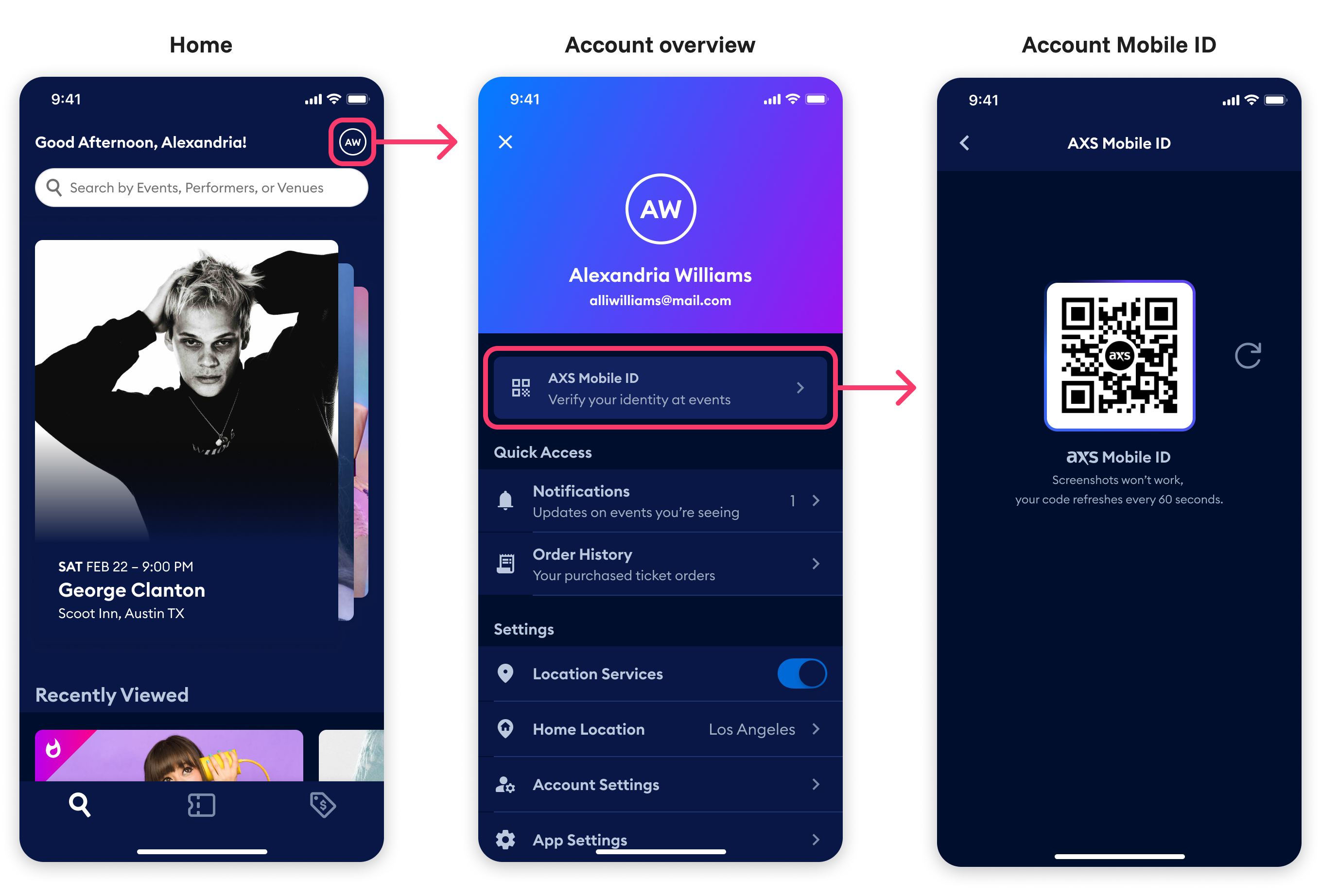 Account section designs showing Mobile ID access moved to user profile area