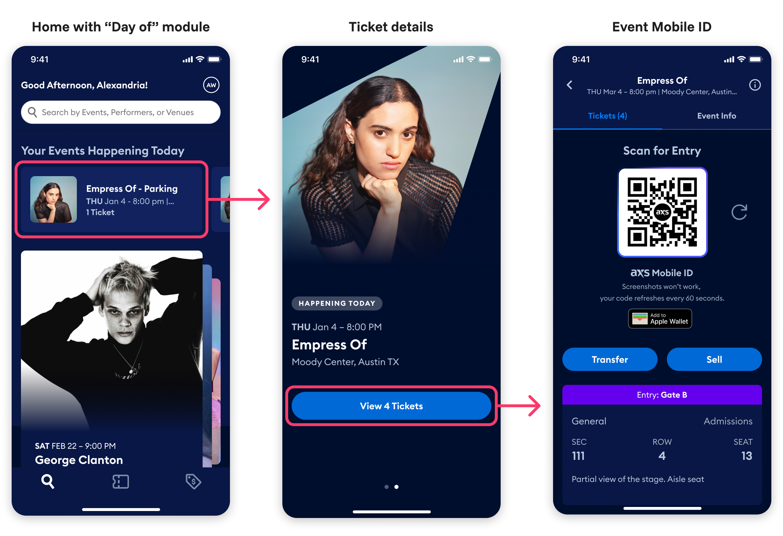 Day-of event entry designs showing prominent event cards on home screen for same-day access