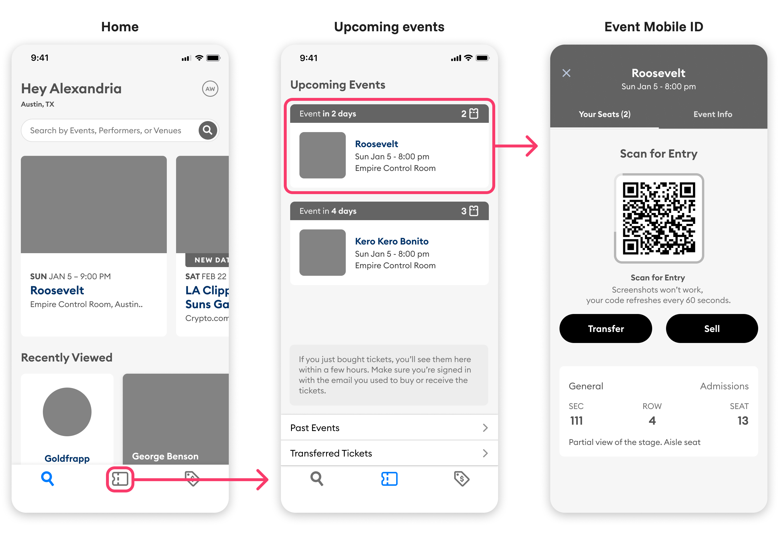 Wireframes showing the new two-tap event entry flow from events list to Mobile ID screen