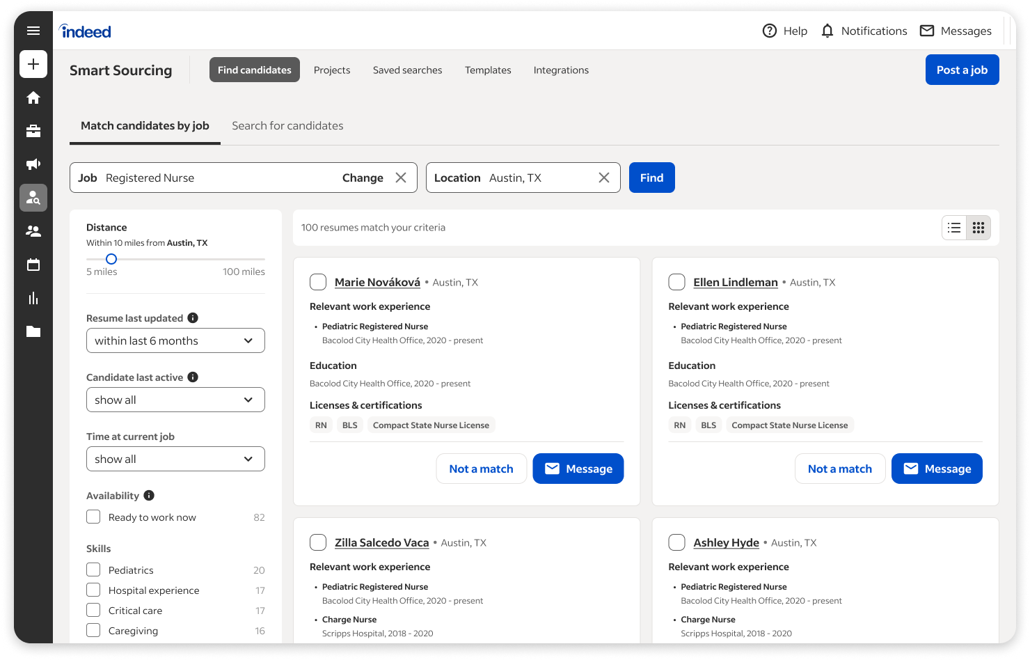 The legacy two-tab interface showing Matched Candidates and Search tabs