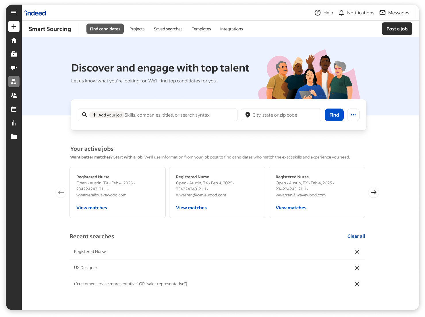 The new unified search interface showing job pill and keyword input with blended results