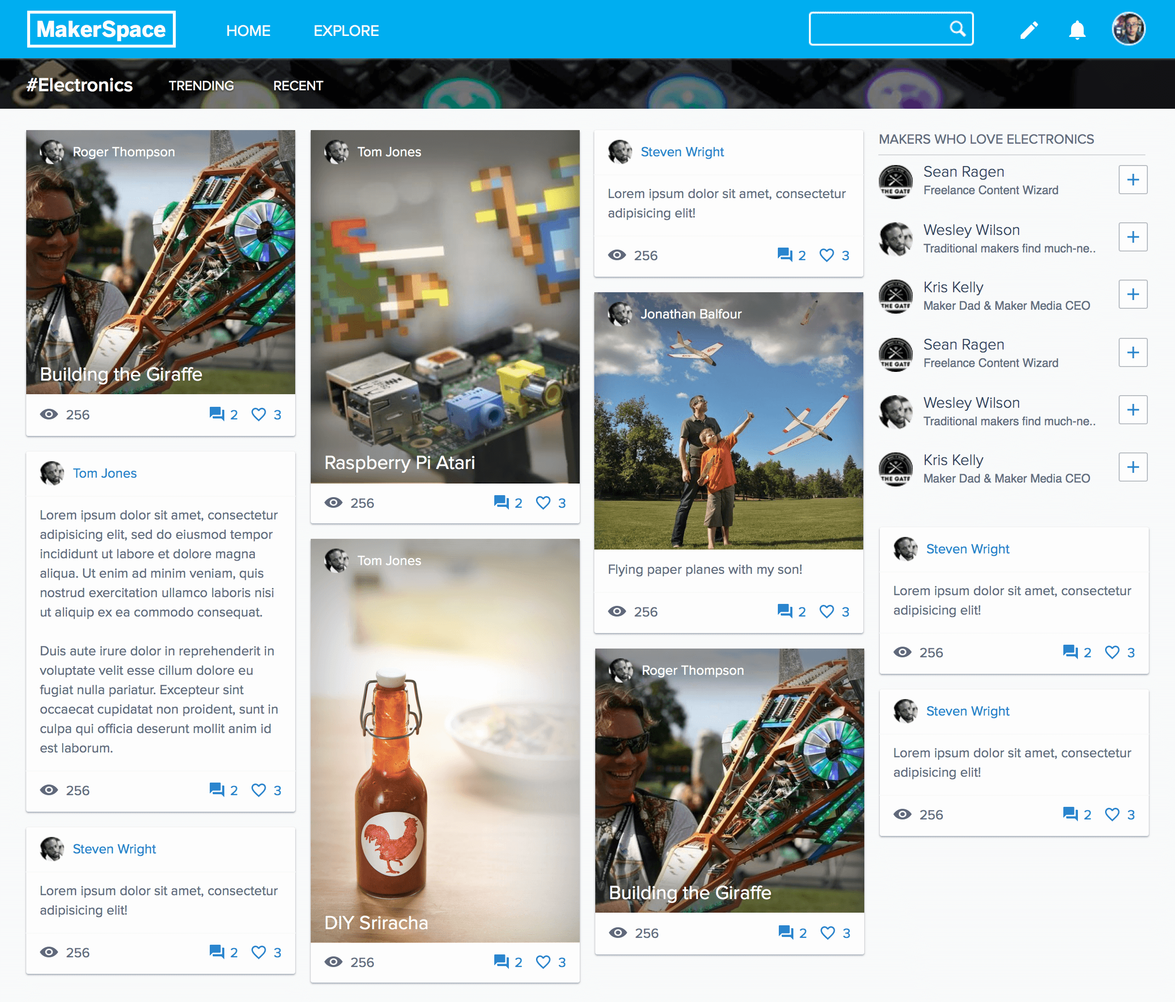 Screenshot of the MakerSpace social network page, showcasing the project feed