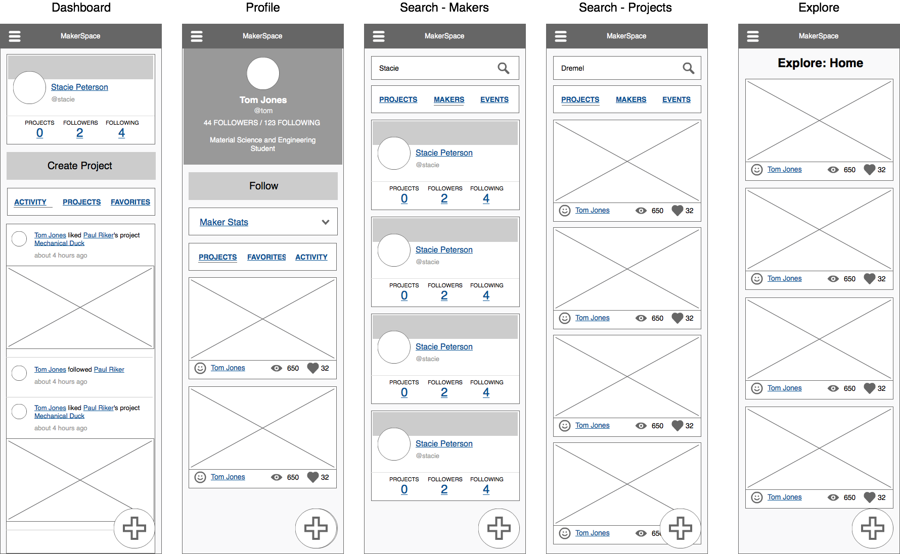 Low fidelity wireframes of the MakerSpace social network interface