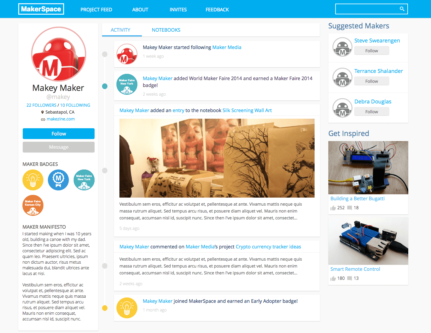 Screenshot of the MakerSpace social network page, showcasing a user profile