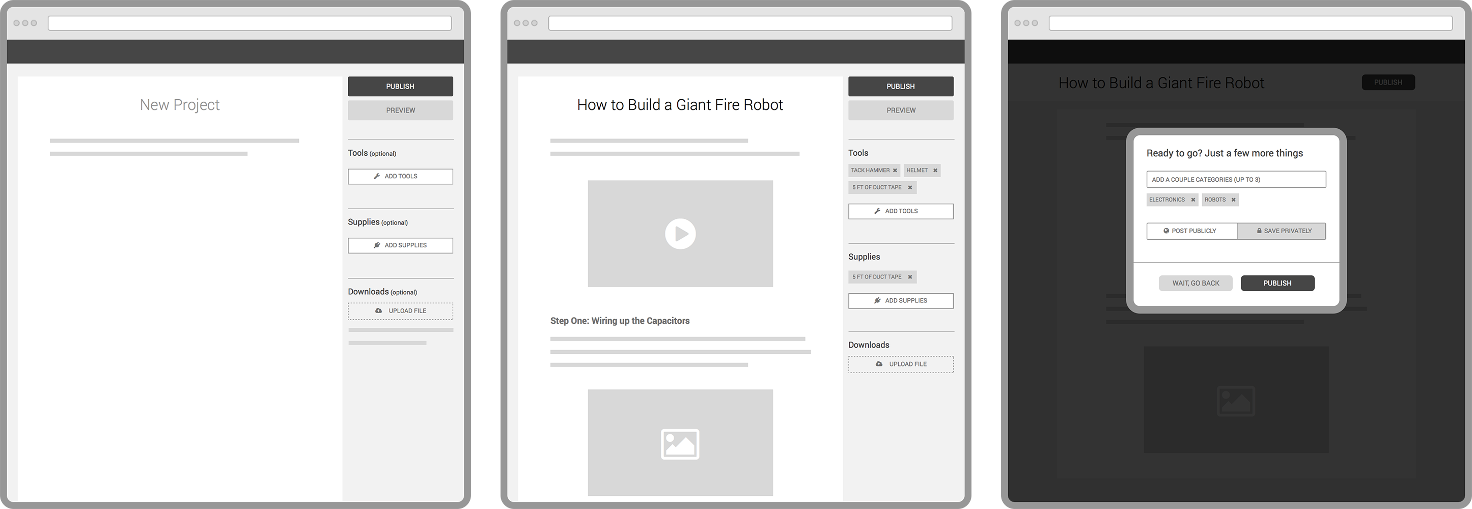 High-fidelity mockup showcasing the 'Steps in a flowing, Medium-esque format' design approach for user project sharing.
