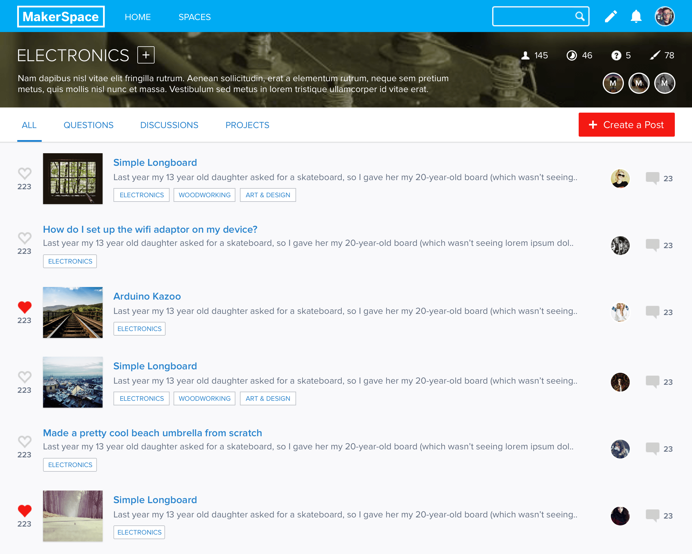 Design mockup of the 'Spaces' feature, presenting a feed layout where users can connect and share content within predefined areas.