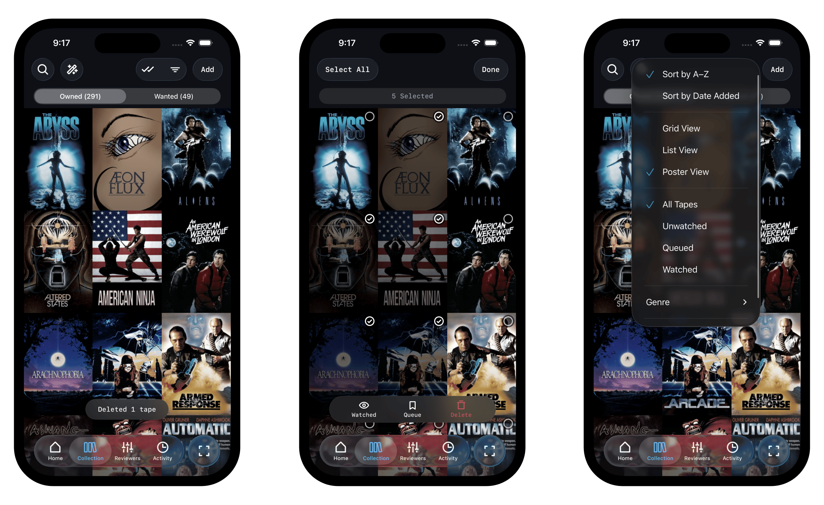 Three app screens showing collection management features: a poster grid of owned tapes, multi-select mode for batch actions, and a sort and filter menu with options for view type, watch status, and genre