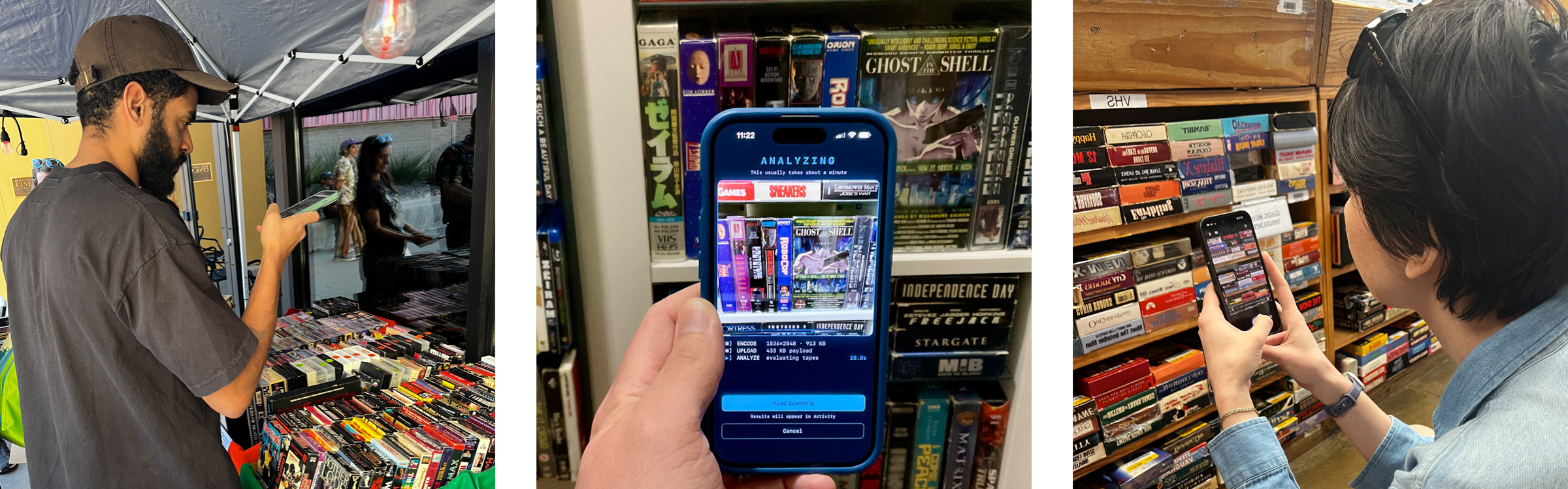 Three photos of people using the Rewind app in the field: browsing VHS tapes at a flea market stall, scanning a shelf of tapes with the app, and photographing tapes at a thrift store