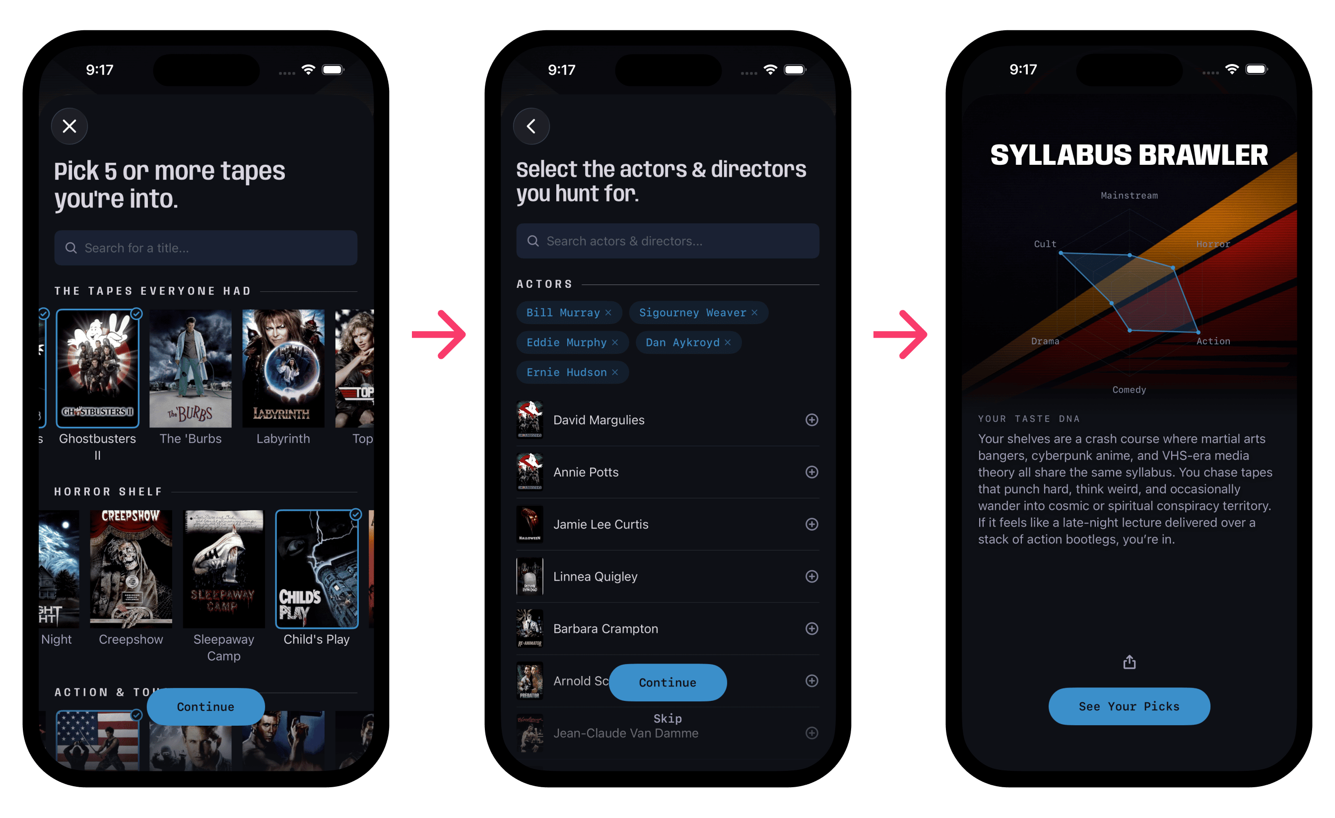 Three app screens showing the custom reviewer builder: picking favorite tapes, selecting preferred actors and directors, and the resulting custom reviewer profile called Syllabus Brawler
