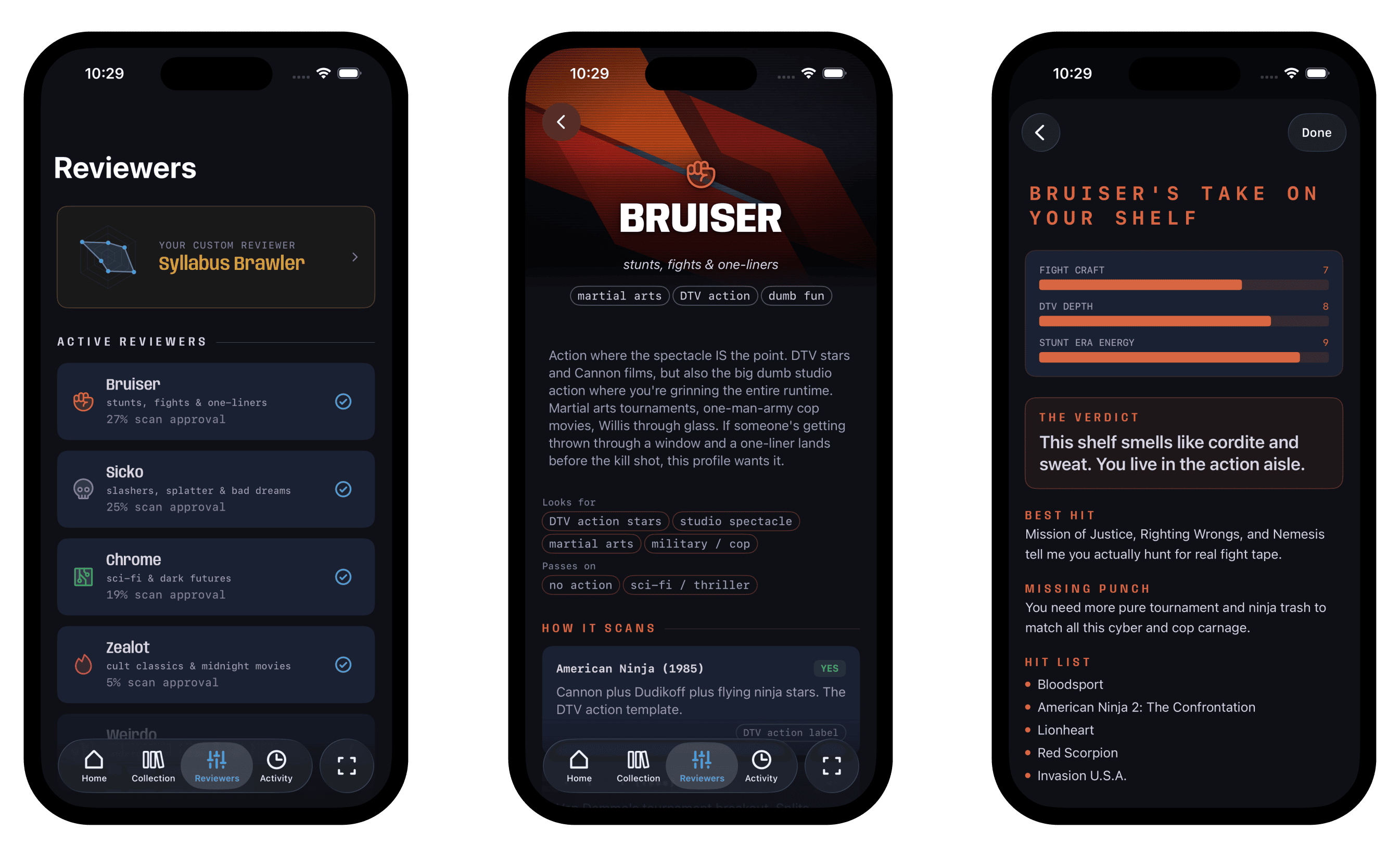 Three app screens showing the reviewer system: a list of built-in reviewers and a custom reviewer, the Bruiser reviewer profile with genre preferences and sample review, and Bruiser's personalized take on a user's collection